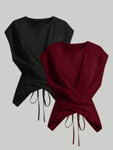 SHEIN LUNE 女款時尚休閒針織圓領扭結綁腰不對稱下擺上衣 - 紅色和黑色 - 查看 1