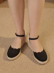 Styleloop Retro Simple Wind Wavy Edge Wedge Heel Shoes; Black Buckle With Closed Toe Versatile Commuter Sandals - Black - View 9