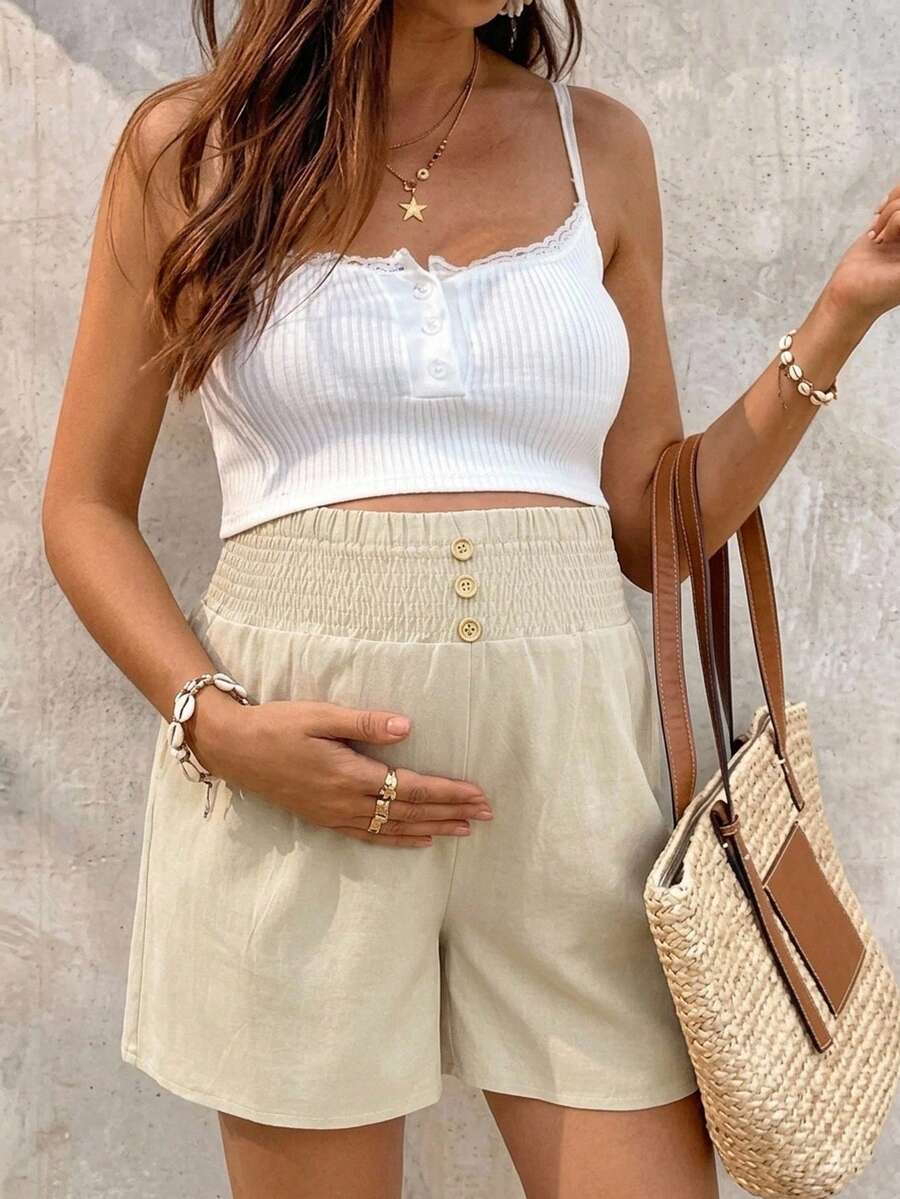 SHEIN 孕婦夏季休閒純色鈕扣裝飾鬆緊腰短褲 - 卡其色 - 查看 1