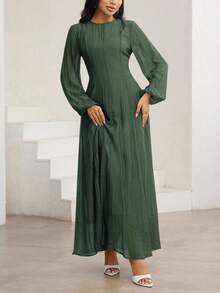 Veilorie Vestido elegante de cuello alto de 3/4 de manga con cintura fruncida, versátil y encantador - Verde militar - Ver 6