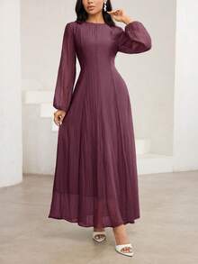 Veilorie 3/4 Sleeve High Neck Ruched Waist Elegant Versatile Dress - Red Violet - View 5