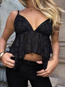 Jassowen 1pc Women Summer White Lace Camisole With Asymmetrical Hemline Casual Black - Black - View 4