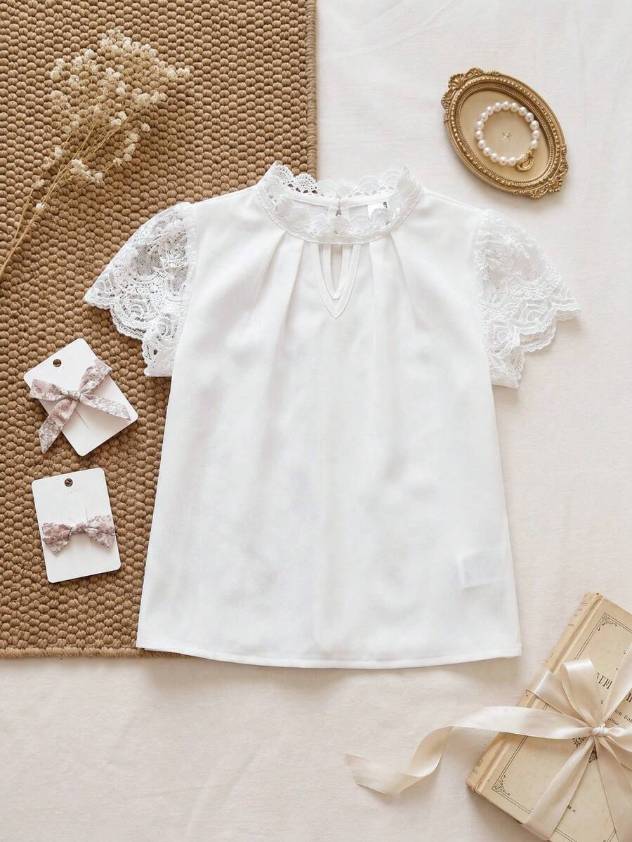 PrepCrw Tween Girl Casual Spring/Summer Woven Lace Short Sleeve Shirt - White - View 1