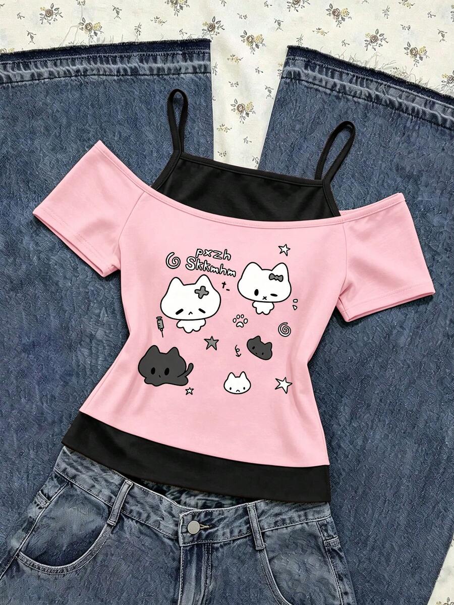 少女創意清新可愛兔蝴蝶結慵懶貓動物圖案字母標語印花休閒 2 合 1 露肩細肩帶短袖 T 恤,舒適日常穿著 - 彩色 - 查看 1