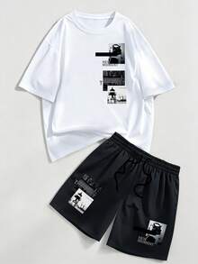 Chillumni Unisex "NEW MOMENT" "THE PAST" Black & White Image Collage Design Crew Neck T-Shirt & Shorts Set, Classic Retro Minimalist 2-Piece Outfit - Multicolor - View 3
