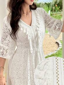 Yasmyna Spring/Summer V-Neck Tassel Ribbon White Lace Dress - White - View 3