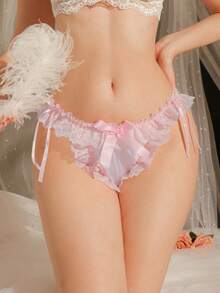DelicateAllure White & Pink Satin Kawaii Cute Coquette Babydoll Lolita Ruffled Lace Bow Pure & Sweet Women's Triangle Panties - White - View 4