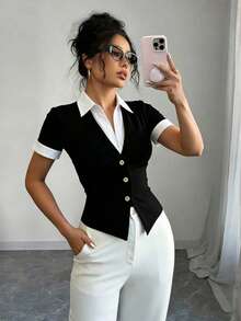Elenzga Women's Elegant Commute 2 In 1 Patchwork Shirt Collar Teacher Daily Wear - Black - View 1