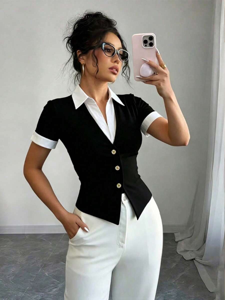 Elenzga Women's Elegant Commute 2 In 1 Patchwork Shirt Collar Teacher Daily Wear - Black - View 1