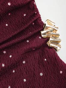 Sweetra Spring/Summer Fashion New Vintage Strapless Ruched Metal Buckle Waist-Cinching Slimming Asymmetrical Hem Top & Minimalist Wide Leg Long Pants Elegant Women's Brown Polka Dot 2-Piece Set - Burgundy - View 6