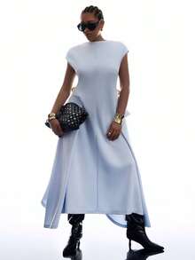 LYSMO Vestido minimalista de talla grande con cuello, sin mangas, unicolor, con pliegues y bajo asimétrico - Azul - Ver 4
