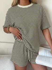 Muchica Striped Drop Shoulder Short Sleeve Loose Casual Summer Grey T-Shirt Set - Dark Grey - View 6