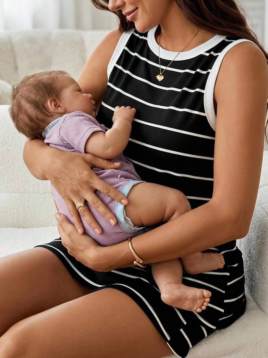Slowluna Maternity Round Neck Striped Patchwork Colorblock Adjustable Waist Shorts Casual Daily Pregnancy Gender Reveal 2 Pieces Set Loungewear Summer - Black and White - View 1