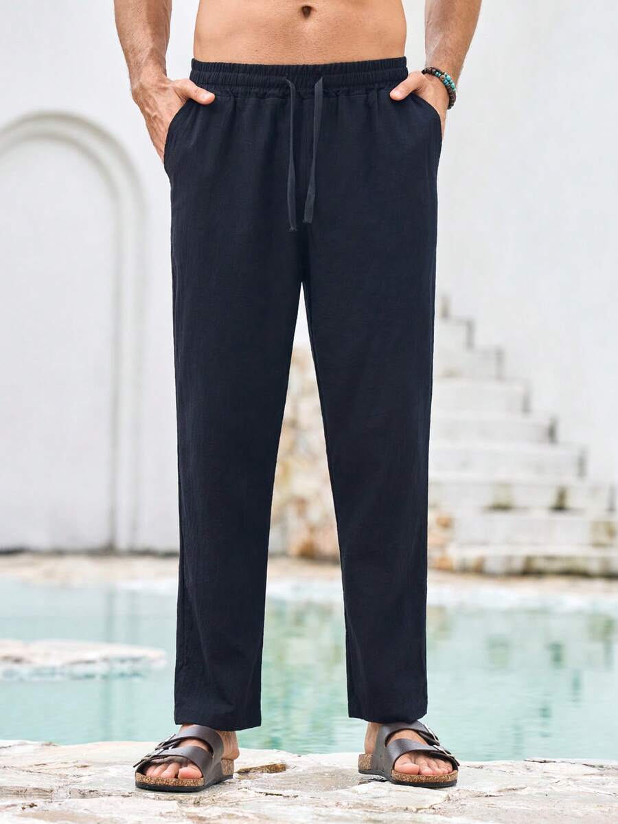 Mercer Haus Men's Summer Casual Sweatpants, Summer Linen Pants, Comfortable Linen Material, Casual Vacation Sports Pants, American Sporty Casual Trousers, Straight Loose Cut Comfortable Versatile, Suitable For Spring/Summer Commuting, Vacation, Daily Casual Wear - Black - View 1