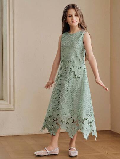 Anewsta Spring Green Fresh Kids Outfit Water-Soluble Jacquard New Style Sleeveless Dress For Girls