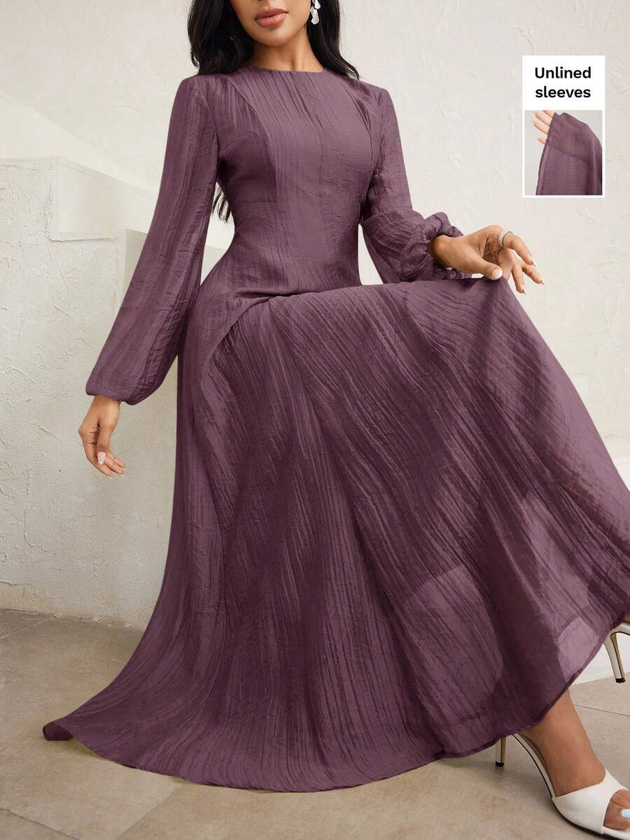 Veilorie 3/4 Sleeve High Neck Waist Gather Ruched Elegant Versatile Dress - Purple - View 1