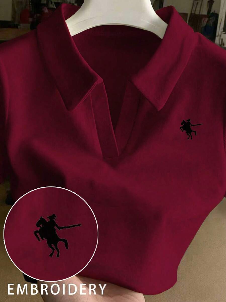 Franclia Kaos Wanita Lengan Pendek Pas Badan dengan Kerah Bordir - Burgundy - View 1
