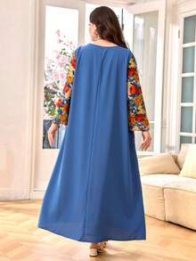 Lacomfia Vestido casual con estampado, patchwork y unicolor, manga 3/4, corte holgado regular, talla grande para primavera/verano - Multicolor - Ver 2