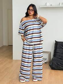 Coolane Women's Plus Size Summer Streetwear Casual Basic Daily Wear Going Out Office Comfy Blue And Brown Stripes Off Shoulder T-Shirt Wide Leg Outfits - Blue and White - View 3