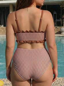 Swim Mod 2026 New Spring/Summer Brown Plaid Random Print Ruffled Trim Pearl Pendant Front Drawstring Women's Cute Sweet Bikini Set Set, Suitable For Summer Beach And Vacation - Multicolor - View 2