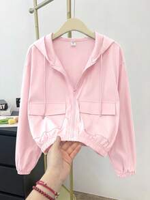 SHEIN 青少年女孩編織純色貼袋短版寬鬆休閒街頭風連帽外套，適合秋季與夏季 - 粉色 - 查看 11