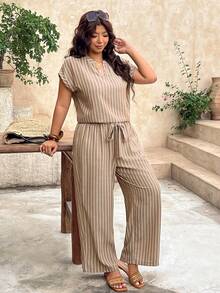 SHEIN Frenchy Plus Size Summer Casual Striped Shirt And Pants 2 Pieces Set - Khaki - View 2