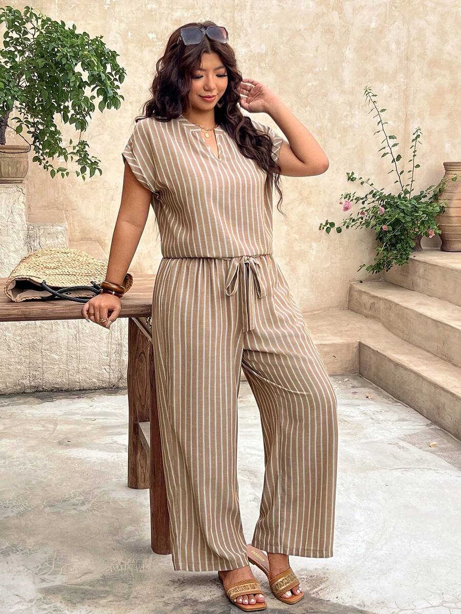 SHEIN Frenchy Plus Size Summer Casual Striped Shirt And Pants 2 Pieces Set