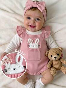 SHEIN Mono suéter casual de otoño para bebé niña con cuello cuadrado, volantes y estampado lindo de conejo - Rosa - Ver 1