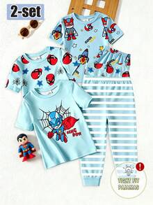 2pcs/Set Young Boy Knit Round Neck Short Sleeve Long Pants Blue Cute Funny Cartoon Pattern Simple Casual Comfortable Soft Snug Fit Loungewear Summer - Blue - View 8