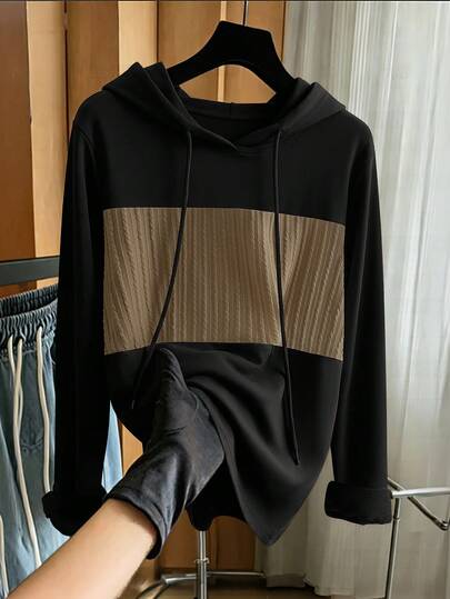GlowEve CURVE Plus Size Women's Sporty Casual Colorblock Hooded Long Sleeve Sweatshirt, Fashionable And Versatile, Suitable For Autumn Daily Wear And Vacation, Graduation Season, Teacher's Day, Back To School Pullover