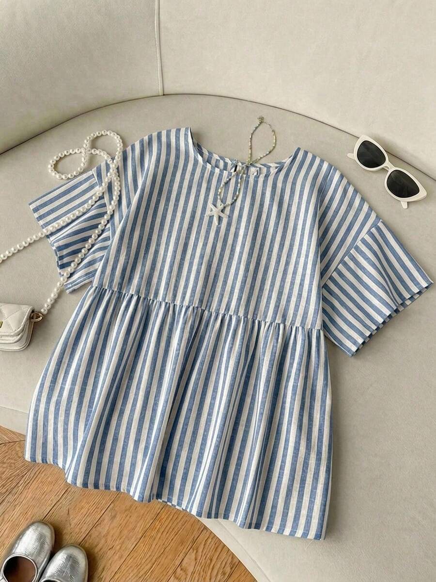 SHEIN EZwear 女款條紋圓領短袖寬鬆娃娃衫上衣 - 藍白色 - 查看 1