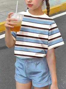 時尚百搭條紋女童休閒簡約舒適圓領短袖T恤，適合春夏季日常穿著、度假、出遊、校園、運動、返校、休閒慵懶風、輕鬆時髦、少女風 - 彩色 - 查看 8