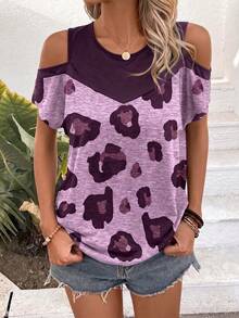 Yunfilé T-shirt d'été décontracté pour femme à manches courtes, imprimé léopard et blocs de couleurs, avec découpes aux épaules, top graphique imprimé guépard - Multicolore - Voir 4