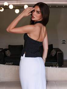 Bris Aura Women's Bow Tie Hollow Out Halter Neck Fitted Crop Top, Slit Front Sleeveless Blouse Cute Black Top Striped Top Summer - Black - View 2
