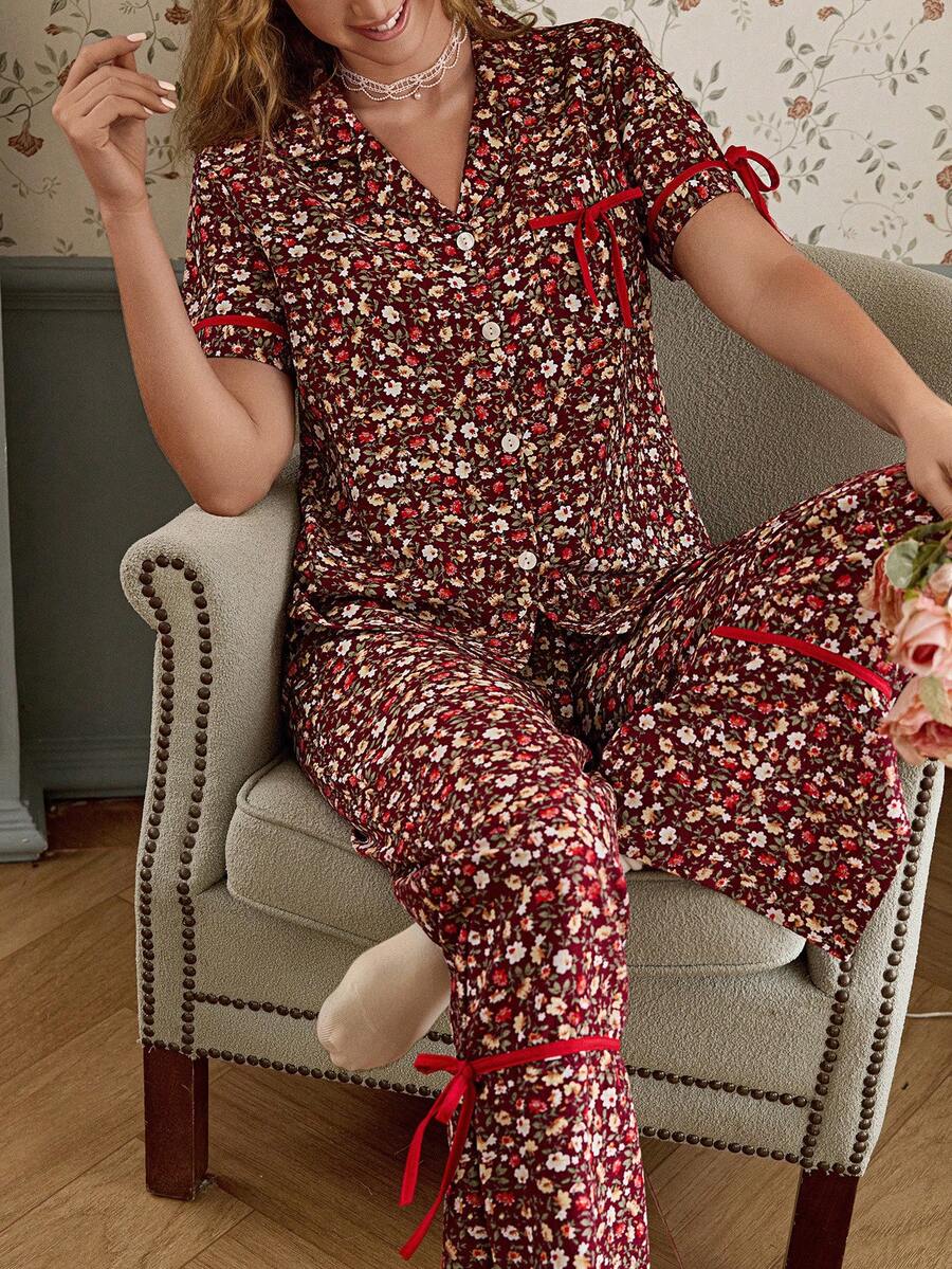 CottageSlumber Vintage Ditsy Floral Lapel Tie Front Women's Pajama Set 2pcs - Red - View 1