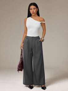 SHEIN PETITE Grey Winter Chic Office Women Elegant Straight Leg Wide Leg Pants,Business Casual Low Rise Baggy Work Clothes,Spring&Summer Fashion Streetwear Y2k ,Petite Women - Grey - View 3