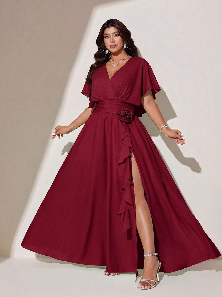 Viva Relle Plus Size Women's Summer Deep V-Neck Cinched Waist A-Line Dress With Ruffle Trim Short Sleeve Long Dress For Outings, Parties, Elegant Gatherings And Weddings - Burgundy - View 1