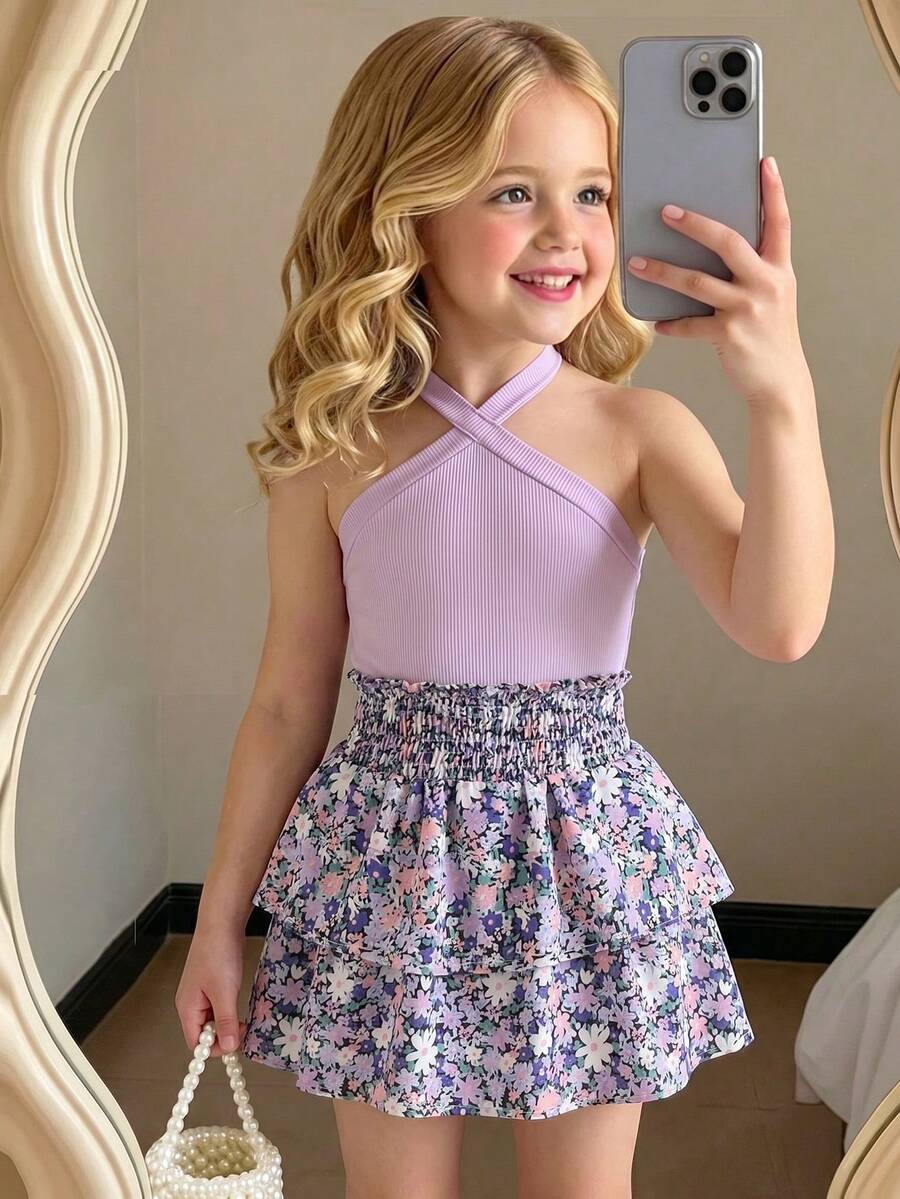 SHEIN Cô Gái Trẻ Hoa In vui tươi Và Thoải mái Kỳ nghỉ Cái cổ Treo 2 mảnh Bộ Cho mùa hè - Nhiều màu - Xem 1