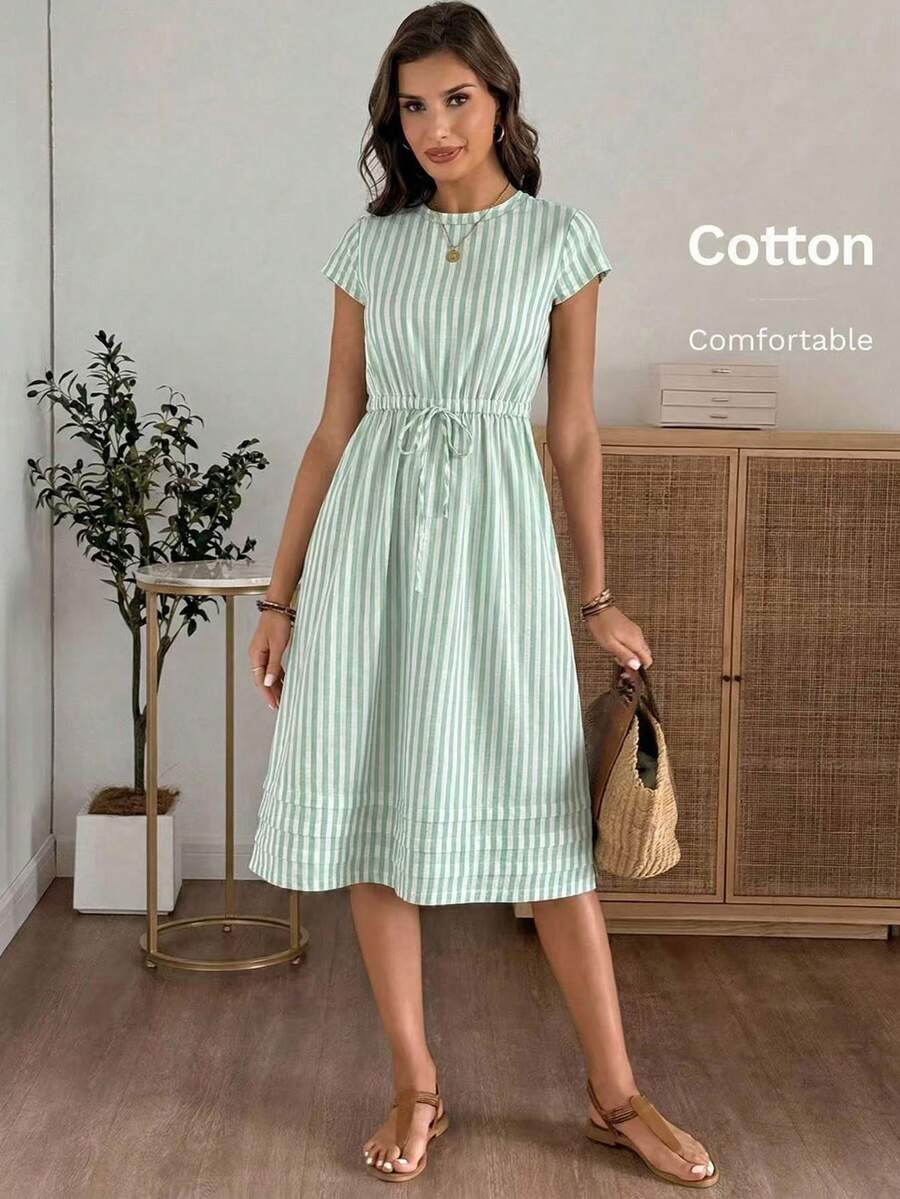EMERY ROSE Women's Casual Striped Waist Tie Short Sleeve Dress, Summer - Pastel Green - View 1