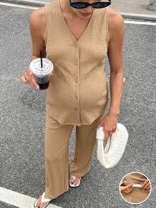 SHEIN 2pcs/Set Maternity Summer Casual Vacation Daily Commute Photoshoot Minimalist Versatile Solid Color Sleeveless Single-Breasted Vest And Pants - Khaki - View 3