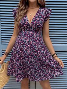 SHEIN Đầm bầu họa tiết hoa nhí tay cánh bướm phong cách thường ngày cho du lịch - Màu tím - Xem 4
