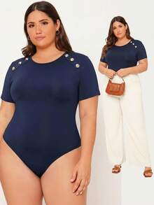 SHEIN BASICS Body de manga corta de color liso talla grande - Azul Marino - Ver 1