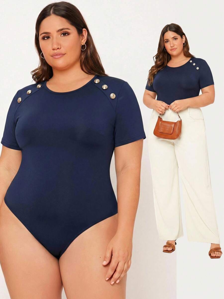 SHEIN BASICS Body de manga corta de color liso talla grande - Azul Marino - Ver 1