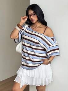 Coolane 女款大尺碼夏秋復古街頭風休閒優雅寬鬆藍色條紋針織不對稱領短袖T恤 - 藍白色 - 查看 6