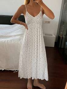 DAZY Sweet Floral Lace Patchwork V-Neck Spaghetti Strap Dress Summer Outfit Women's Nightgown Pajamas - White - View 6