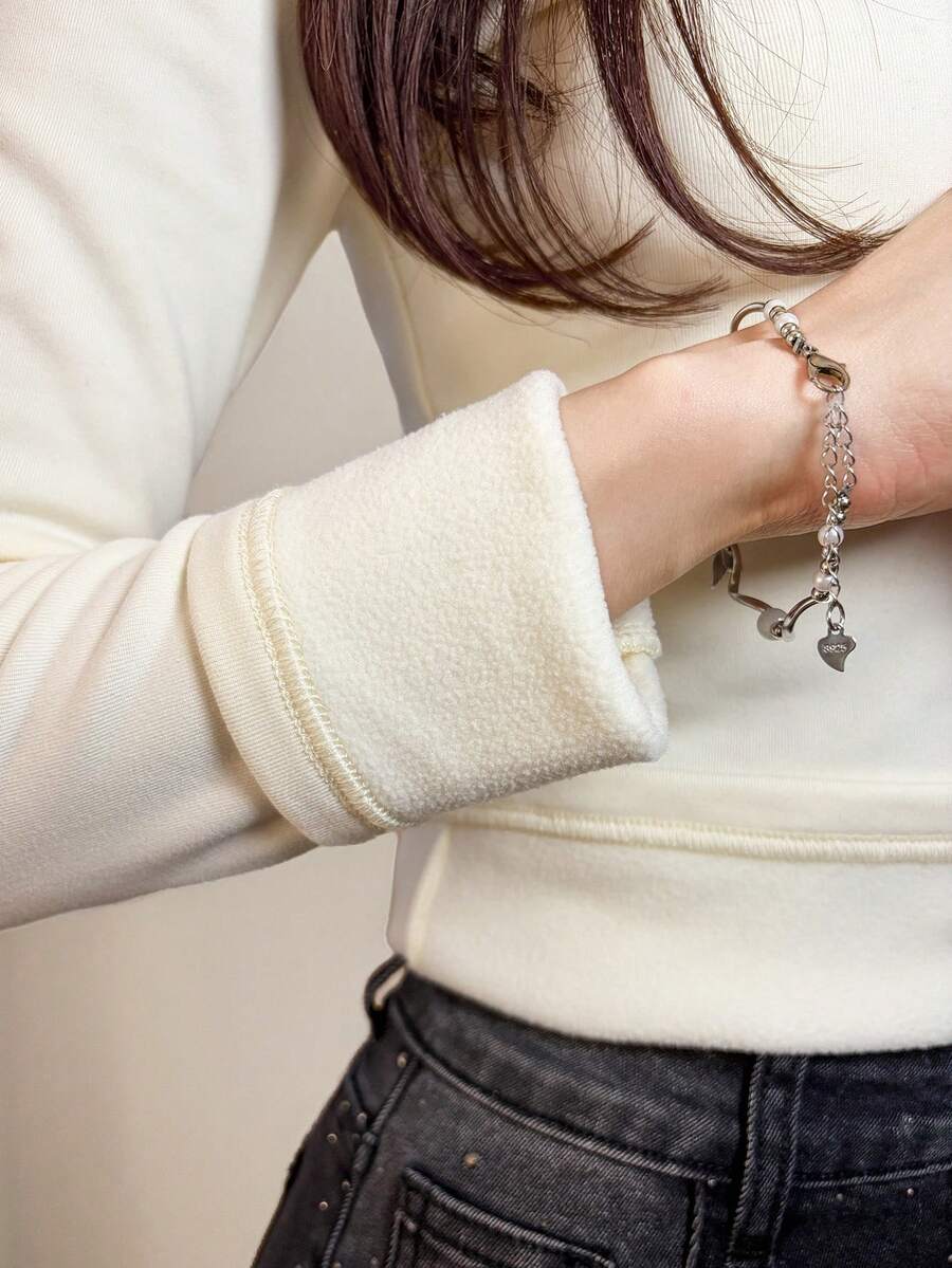 DAZY Women's Solid Color Round Neck Long Sleeve Thermal Lined Casual T-Shirt - Beige - View 1
