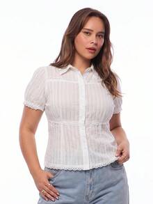 Solavibe 大尺碼夏季休閒純色泡泡袖上衣 - 白色 - 查看 5