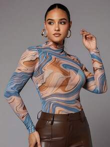 Silquee Marble Print Mock Neck High Cut Bodysuit - Multicolor - View 4