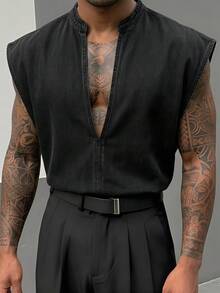 AXEPEAK Men's Notch Collar Wide Shoulder Denim Shirt - Black - View 1