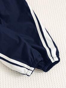 SHEIN 加厚工裝風黑色立領夾克長袖衛衣與黑色慢跑褲套裝，舒適百搭休閒時尚日常運動簡約百搭風格，適合室內、戶外滑雪、日常、運動、派對、攝影，適用於秋冬 - 藏蓝色 - 查看 5
